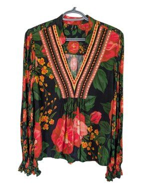 Bl-nk London Stephanie Long-Sleeve Top Black Red Floral Size Medium